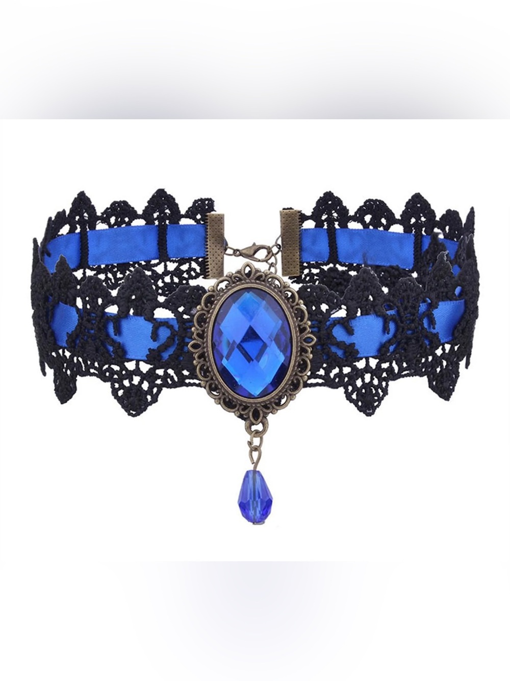 NWOT Gothic Choker Necklace features black lace, and blue crystal pendant